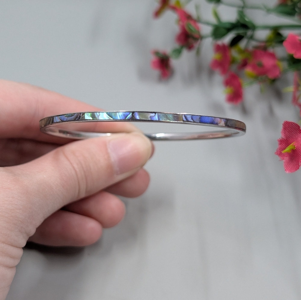 Genuine Abalone Shell And Sterling Silver Plated Vintage Dainty Bangle Bracelet